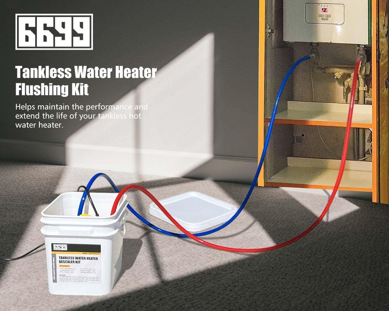 6699 Tankless Water Heater Flushing Kit Includes 1/4HP Submersible Sump Pump with Two Adapters & 3 Gallons Pail with Bucket Lid Opener & Two 1/2” Dia X 6’ PVC Hoses with Washers - Image 2